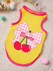 PETSIN 1件粉色格子蝴蝶结樱桃印花宠物背心黄色拼接玫瑰红柔软透气宠物服装 - 彩色 - 查看 1