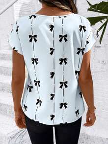 SHEIN Clasi Áo kiểu nữ cổ tròn dáng rộng, thắt nơ, kẻ sọc, họa tiết hình học, thích hợp mặc mùa hè. - Màu xanh nhạt - Xem 2