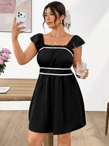 Lounesse Vestido casual de vacaciones para mujer talla grande en blanco y negro con cintura ceñida y mangas volantes, lindo vestido de verano para picnic de damas - Blanco y Negro - Ver 3