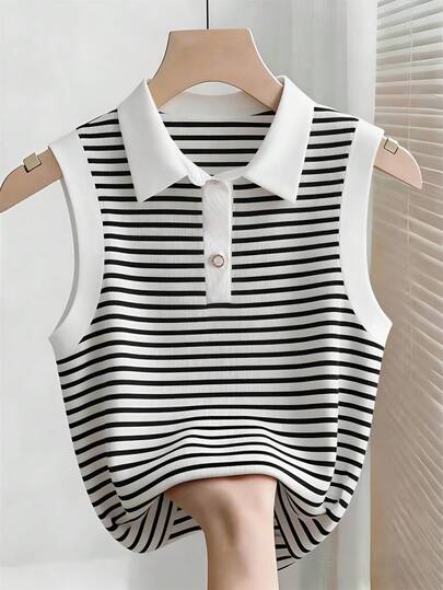 GlowEve CURVE Plus Size Striped V-Neck Sleeveless T-Shirt, Suitable For Home, Casual Wear, And Office Wear