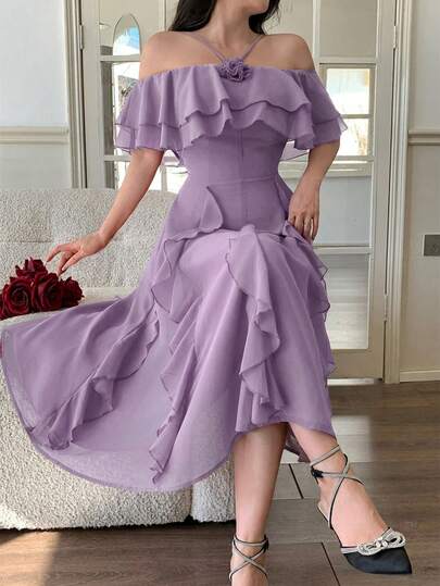 Feyla Đầm ngắn nữ thời trang thanh lịch trễ vai xếp nếp