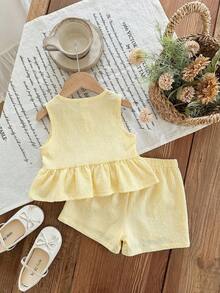 SHEIN LMoss Kids 女婴可爱夏季粉白条纹蝴蝶结无袖上衣和松紧腰短裤套装 - 彩色 - 查看 2
