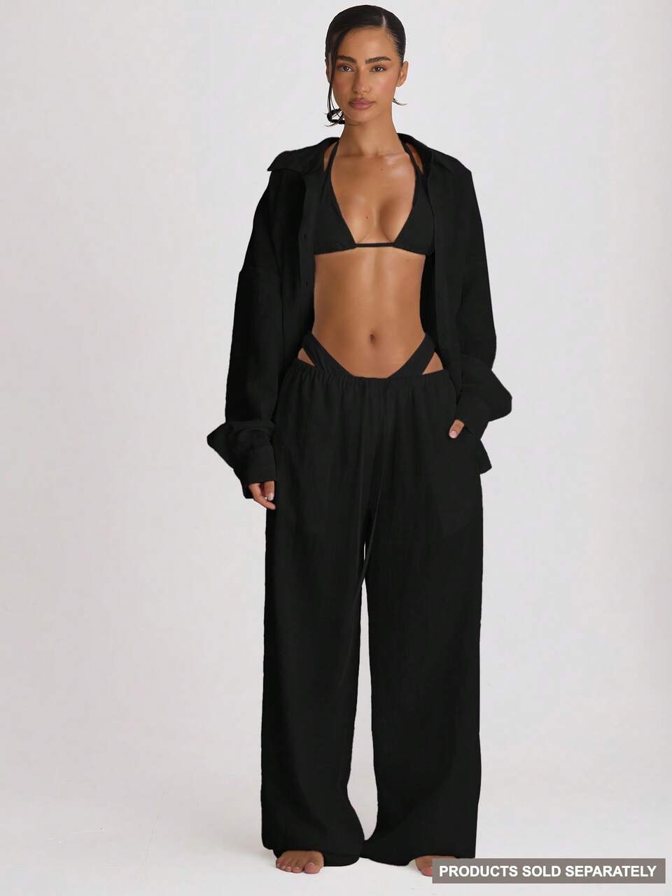 Black Drawstring Wide Leg Linen Trousers