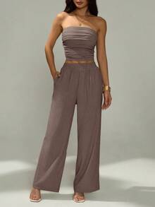 SHEIN PETITE Bộ đồ nữ mùa hè kiểu dáng thường ngày, màu trơn, áo quây nhún bèo và quần dài. - màu nâu - Xem 3