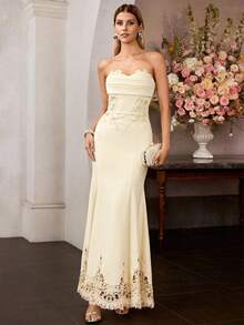 MOTF Soiréza Đầm dạ hội đuôi cá phối ren tương phản dành cho nữ, trang phục dự tiệc trang trọng. - Màu be - Xem 5