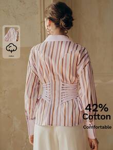 Anewsta 女士混纺棉彩色条纹优雅落肩长袖系带衬衫，侧边系带腰身设计，时尚显瘦，适合春夏、休闲、工作、上学等场合。 - 彩色 - 查看 2