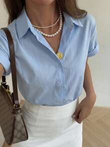 DAZY Casual Commuting Minimalist Blue Elegant Slimming Shirt For Women Summer - Blue - View 6