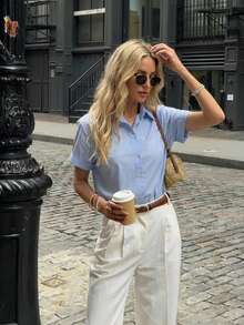 DAZY Casual Commuting Minimalist Blue Elegant Slimming Shirt For Women Summer - Blue - View 3