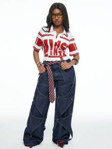 Vadaroq 女士春夏街头风时尚休闲印花红色束身 Polo 衫 - 紅色 - 查看 2