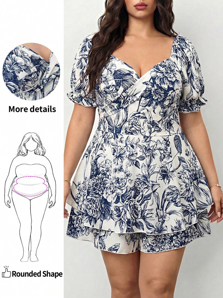 Enliva 优雅时尚性感 V 领碎花连体裤，修身长袖女装，夏季新品 - 藍色 - 查看 1