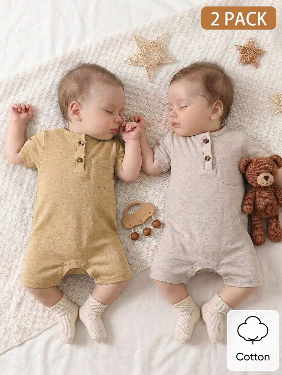 SHEIN Bộ 2 áo liền quần ngắn tay cho bé sơ sinh, màu trơn, mềm mại và thoải mái, thích hợp làm quà tặng, thiết yếu cho mọi bé, phù hợp cho mọi mùa và hoạt động ngoài trời. - Màu vàng - Xem 1