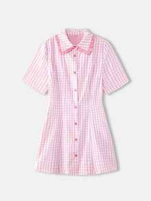 lacRébo 粉白格纹迷你衬衫裙，粉色刺绣领，可爱风格，春夏法式巴黎风情 - 彩色 - 查看 6