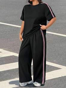 SHEIN EZwear Set 2 buc. tricou și pantaloni cu dungi în culori contrastante, mărime mare, primăvară/vară/toamnă - Multicolor - Vizualizare 4