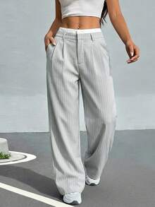 SHEIN EZwear Quần dài nữ ống rộng kẻ sọc phối màu cạp cao, kiểu dáng thường ngày, thích hợp cho mùa thu/đông, quần tây nữ công sở, quần ống rộng, quần xếp ly cạp cao, quần ống rộng công sở. - Xám - Xem 5