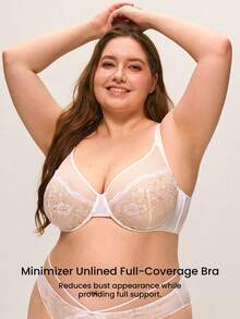 LUVLETTE Plus Woman Lingerie Full Coverage Pushup & Breathable Underwire Sexy Unlined Embroidered Lace White Wedding Bridal Bra Mesh & Lace Bra Minimizer Bra - Gold - View 5