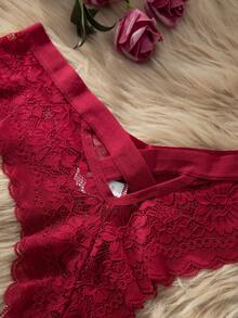 SHEIN 女士性感酒红色蕾丝交叉镂空设计内裤内衣 - 酒紅色 - 查看 3