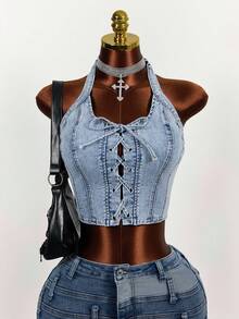 Slaydiva Top corto de denim con halter y amarres desgastados para mujer - Azul - Ver 1