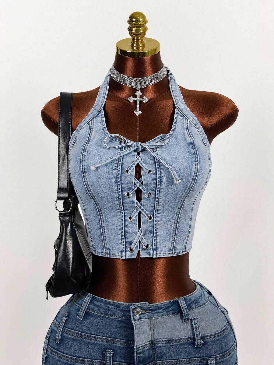 Slaydiva Top corto de denim con halter y amarres desgastados para mujer - Azul - Ver 1