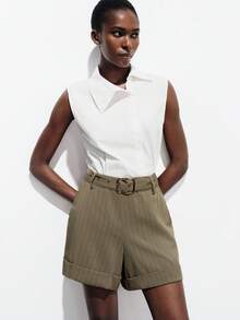 Aveloria Modichic Women's Pinstripe Suiting High Waisted A-Line Shorts With Matching Belt,Khaki,Summer,Chic,Office Business Casual Retro Cuffed Hem Invisible Zipper - Khaki - View 2