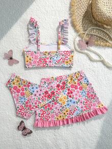 女童（小号）印花泳衣，荷叶边装饰，三件套 - 粉色 - 查看 2