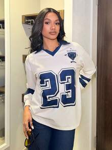 Natali Santanap 女式休闲 Polo 领数字印花落肩长袖上衣 - 彩色 - 查看 1