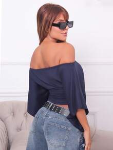 Hariany Almeida Vintage Off-Shoulder Solid Color Ruched Waist Long Sleeve T-Shirt - Royal Blue - View 2