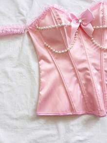 Soleia Áo ngực kiểu cung đình sang trọng với chuỗi ngọc trai giả và ren hình bướm. - Hồng - Xem 4