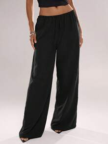 Women's Solid Color Casual Everyday Pants With Drawstring Waist - Black - View 5