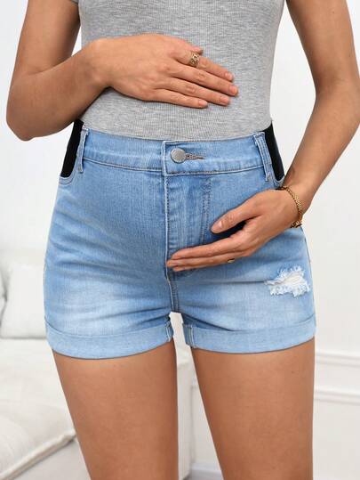 SHEIN 孕妇休闲做旧卷边牛仔短裤 夏季嘉年华服装 通勤 度假 毕业典礼 时尚 Y2K 可爱 街头风 妩媚 派对 婚礼 优雅 商务休闲 女性 商务 海滩 毕业典礼 舒适孕妇牛仔短裤 女士弹力牛仔面料，卷边设计，做旧细节