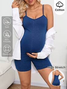 SHEIN Maternity Casual Denim Jumpsuit With Spaghetti Straps Summer Carnival Costume Commuting Vacation Graduation Chic Y2k Cute Streetwear Party Wedding Elegant Business Casual Woman Business Beach Graduation Easter Comfortable Maternity Denim Overalls Skinny Fit Short Romper For Expecting Mothers Casual Summer Fashion Maternity Denim Romper Stretch Maternity Romper Easter Maternity Romper - Blue - View 1
