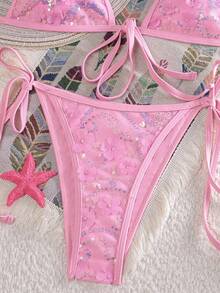 Swim Mod 女士泳装套装，时尚亮片性感三角比基尼上衣搭配常规侧系带泳裤，成人沙滩装 - 粉色 - 查看 5