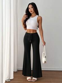 SHEIN PETITE Quần nữ màu trắng dệt kim, cạp chun có dây rút đính hạt, dáng suông, thoải mái, thích hợp cho kỳ nghỉ. - màu đen - Xem 8