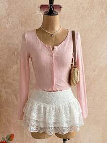 DAZY Textured Striped Pink Long Sleeve Women T-Shirt With Heart Buttons Decor, Suitable For Spring And Summer Y2k - Pink - View 5