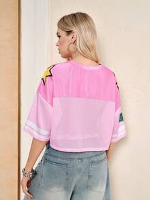 SpongeBob SquarePants | SHEIN Women's V-Neck Short Sleeve Cropped T-Shirt, - Pink - View 2