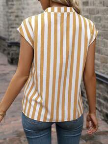 EMERY ROSE Women's Striped V-Neck Casual Versatile Daily Wear Short Sleeve Shirt - Yellow - View 2