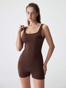 Loungeista Women's Solid Color Square Collar Tank Top Jumpsuit Romper - Rust Brown - View 3