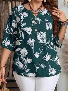 EMERY ROSE Plus Size Women's Summer Casual Vacation Country Green Floral Print V-Neck Casual Versatile Daily Wear Blouse Top Shirt,Summer Outfits For Women ,Vacation Outfits Women ,Holiday Outfits For Women,Going Out Outfits,2026 New Clothes,Simple And Fashionable For Everyday Wear,Suitable For Summer, Vacation, Daily Wear, Festival Outfits For Women,Country Concert Outfit,Beach Outfits For Women,Western Style,Going Out Tops - Dark Green - View 5