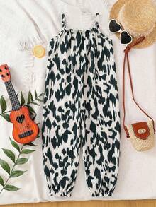 Young Girls Tropical Plant Print Loose Jumpsuit, Cute, Casual, Fashionable, Versatile, Suitable For Party, Outing, Sister Photo Shoot, Park, Camping, Vacation, Daily Leisure - Multicolor - View 3