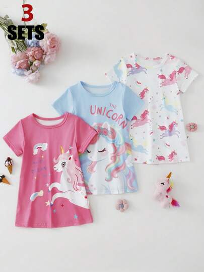 3件套女婴卡通独角兽彩虹星印花休闲短袖连衣裙，轻薄夏季睡衣家居服