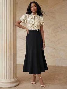 Savoree Women's Elegant Mid-Length Polka Dot Patchwork Collar Tie Bow Fishtail Dress, Suitable For Wedding Guest - Black and White - View 4