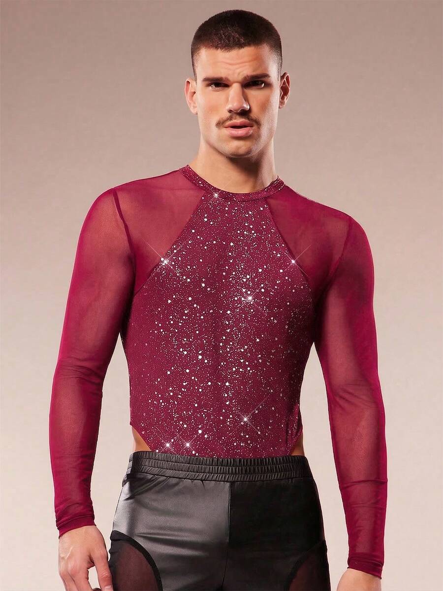 FeverCity Mono largo de manga larga con estampado brillante y parches de malla sexy para hombres - Rojo - Ver 1