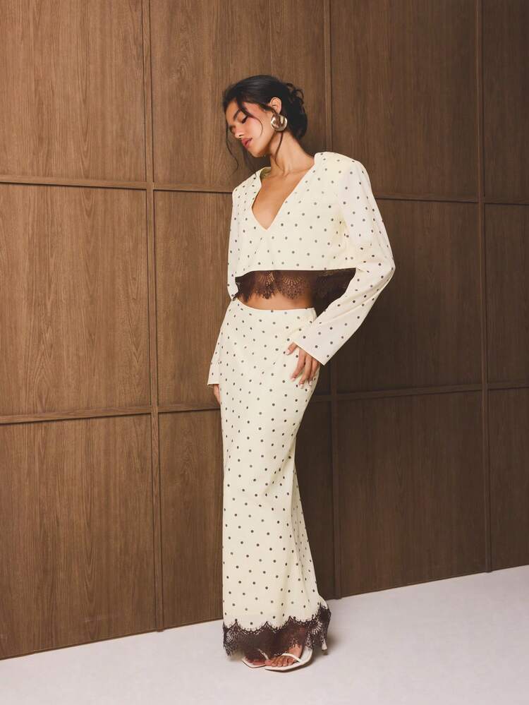 Polka Dot Lace Hem Maxi Skirt