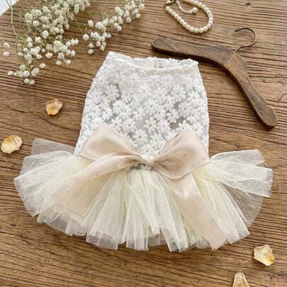 PETSIN 一件猫狗通用服装，蕾丝花朵提花网纱公主风婚纱，优雅猫狗新娘礼服