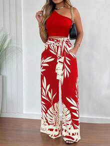 Silhoulove 2件套女士修身系带印花单肩上衣和直筒裤套装 - 紅色 - 查看 3