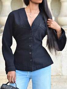 Mima John Women's Fashion Front Button Waist Denim Blouse - Black - View 5