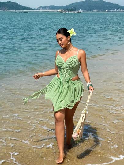 Sunnyshic Plus Size Women's Green Mesh Ruched Blouse + Skirt Set, Sexy Hollow Out Lace-Up Front Casual French Style Young Chic Fashion Knit Elastic Versatile Underlay Dress, Sexy Social Occasion Outfit