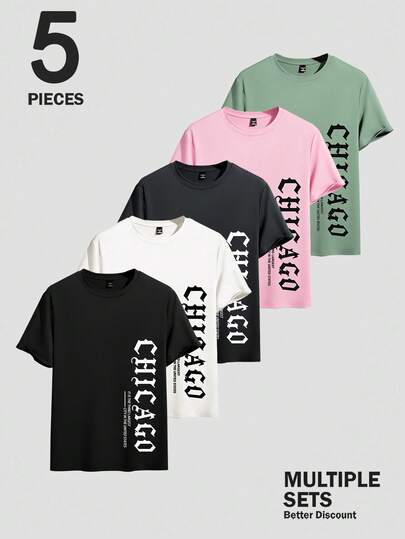 Chillumni 5件/套 男士芝加哥印花T恤