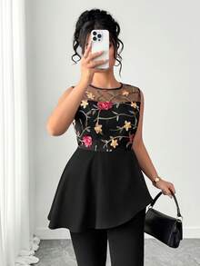 Elenzga Plus Size Women Mesh Embroidered Tank Top, French Vintage Dark Rose, Sleeveless Mesh Embroidered Top, Black Base Red Rose Embroidered Sleeveless , Waist Cinching Mesh Patchwork Slim Fit Tank Top, Suitable For Valentine's Day Date, Small Gatherings, Afternoon Tea Designer Top Women Mesh Top Women Embroidered Top Women Peplum Top - Black - View 4