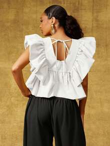 Vixey Solid Woven V Neck Ruffle Petal Sleeve Peplum Hem Top - White - View 2
