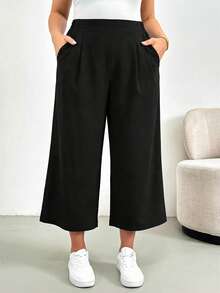 SHEIN Essnce 大码女装春夏时尚休闲宽松舒适日常弹力腰蓝色阔腿裤七分裤，宽松裤，女式下装，女士七分裤，欧洲夏季，工作裤 - 黑色 - 查看 3